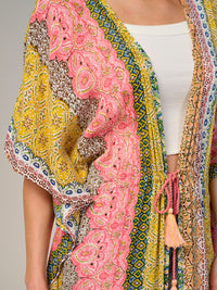 WOMEN'S SHORT SLEEVE SELF TIE MULTI PRINT KIMONO