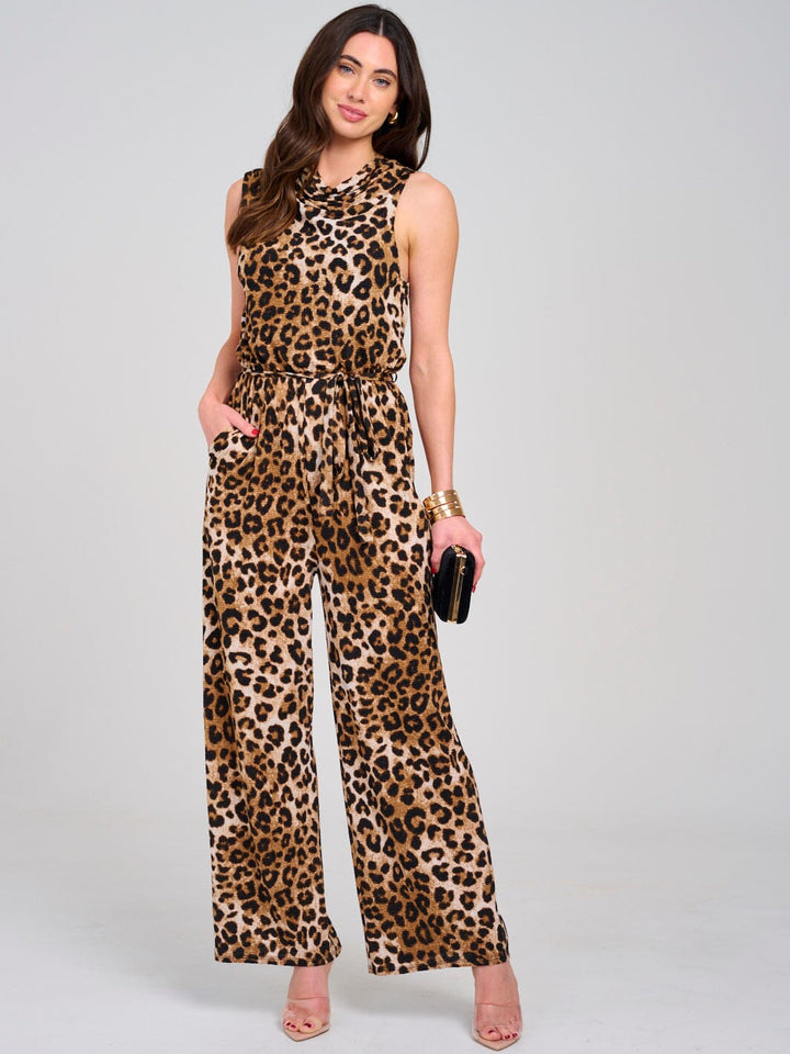 WOMEN'S SLEEVELESS COWL NECK ELASTIC WAIST POCKETS WIDE LEG ANIMAL PRINT JUMPSUIT