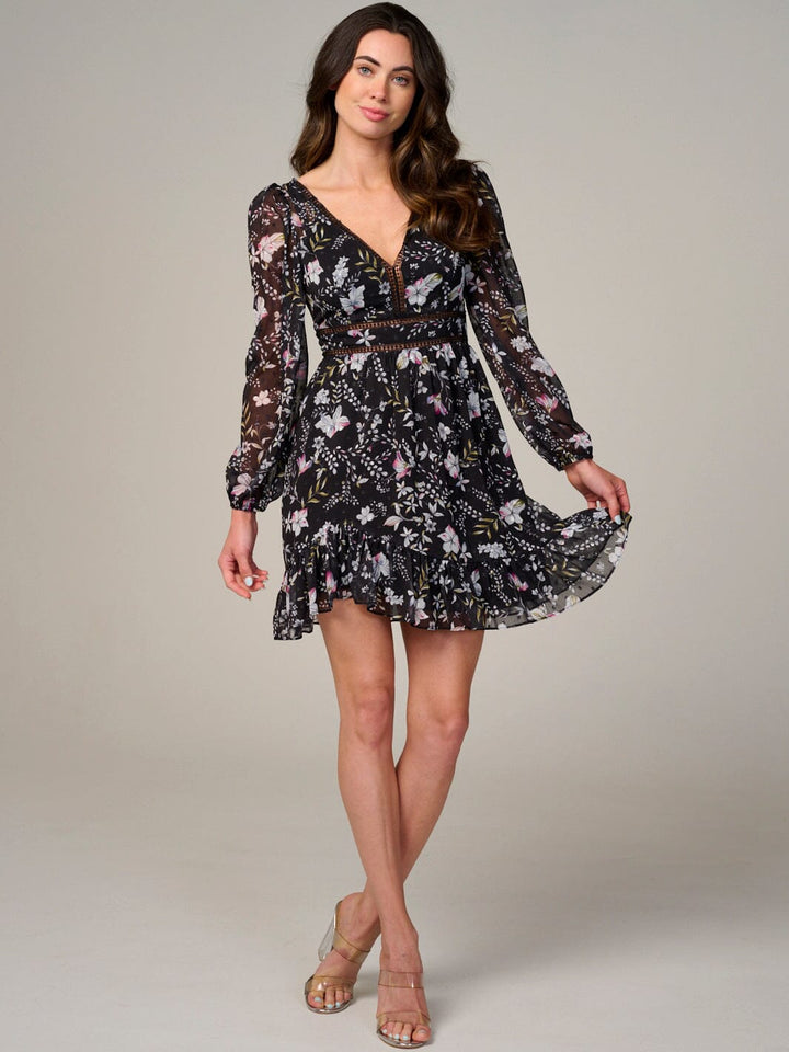 WOMEN'S LONG SLEEVE V-NECK TRIM DETAILED FLORAL PRINT MINI DRESS