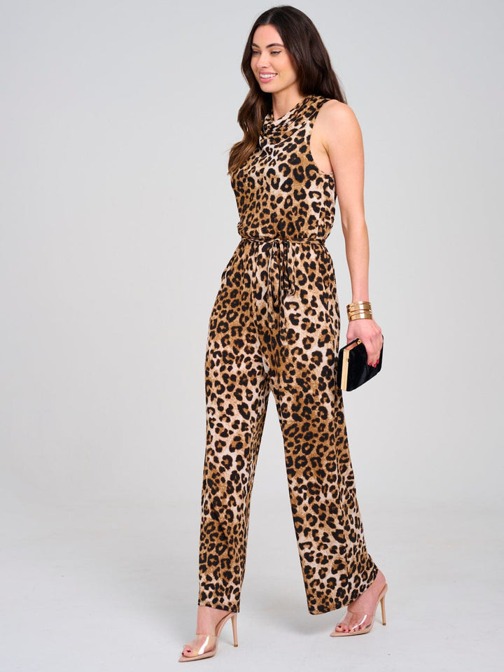 WOMEN'S SLEEVELESS COWL NECK ELASTIC WAIST POCKETS WIDE LEG ANIMAL PRINT JUMPSUIT