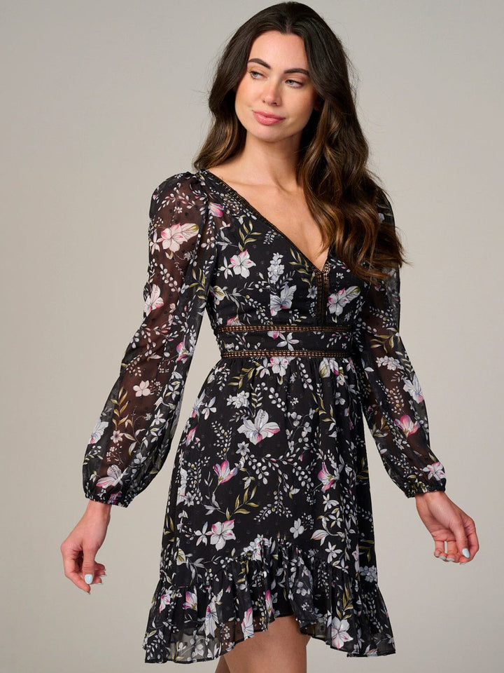 WOMEN'S LONG SLEEVE V-NECK TRIM DETAILED FLORAL PRINT MINI DRESS
