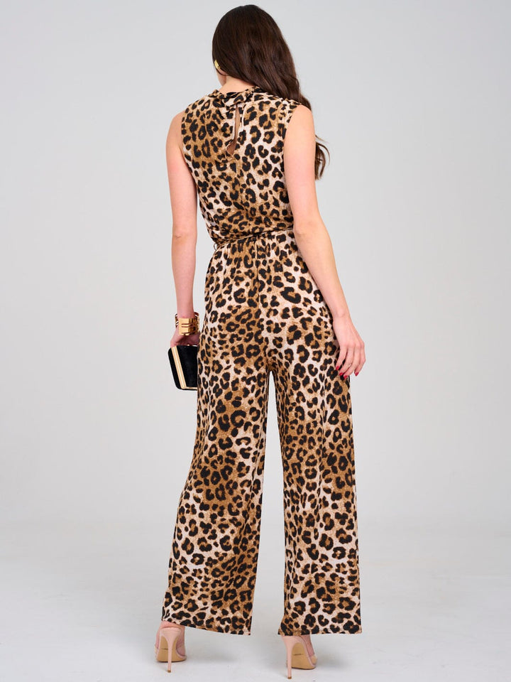 WOMEN'S SLEEVELESS COWL NECK ELASTIC WAIST POCKETS WIDE LEG ANIMAL PRINT JUMPSUIT