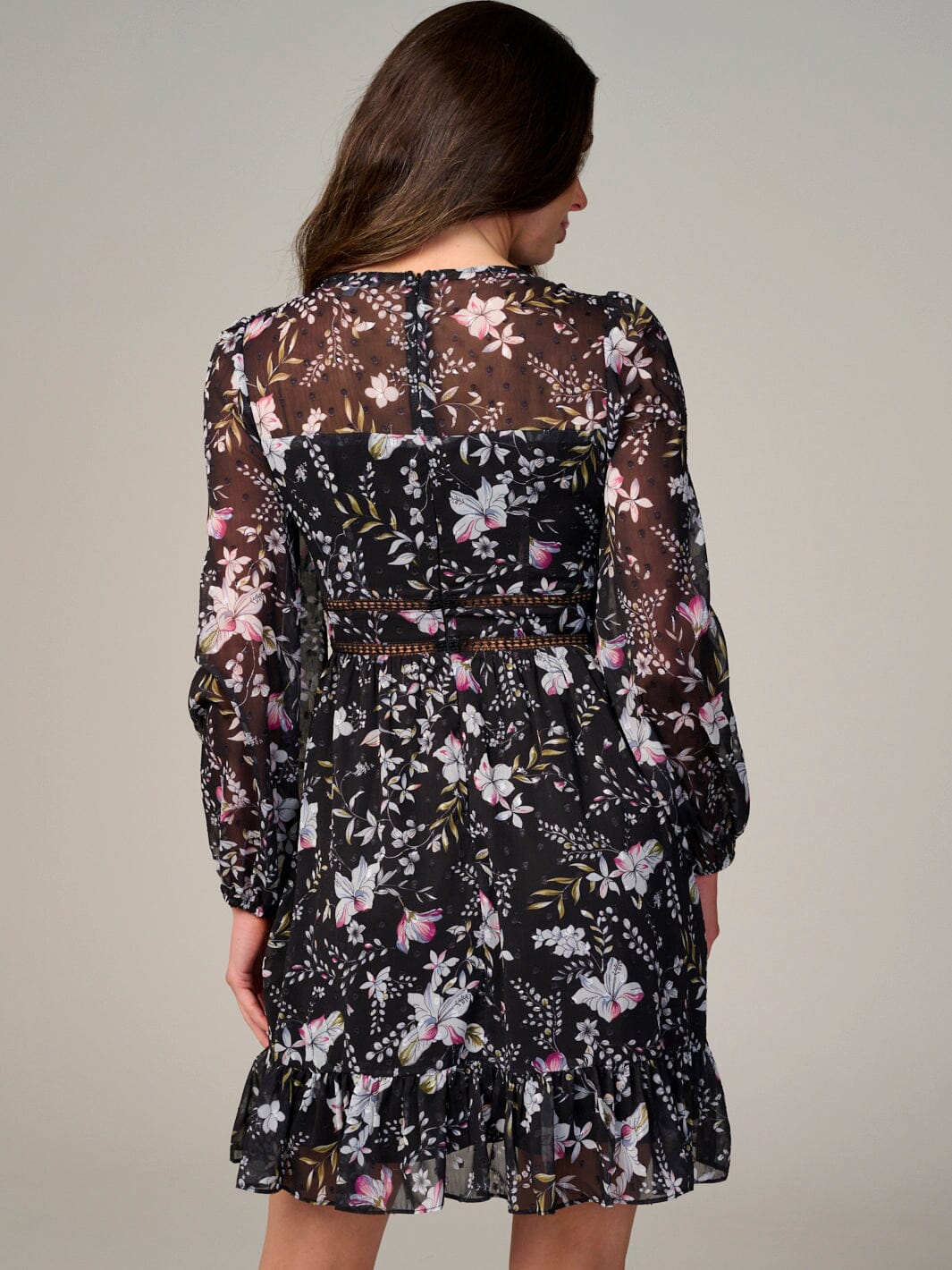 WOMEN'S LONG SLEEVE V-NECK TRIM DETAILED FLORAL PRINT MINI DRESS