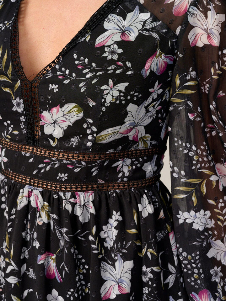 WOMEN'S LONG SLEEVE V-NECK TRIM DETAILED FLORAL PRINT MINI DRESS