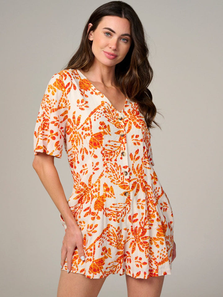 WOMEN'S SHORT SLEEVE BUTTON UP FRONT POCKETS FLORAL ROMPER