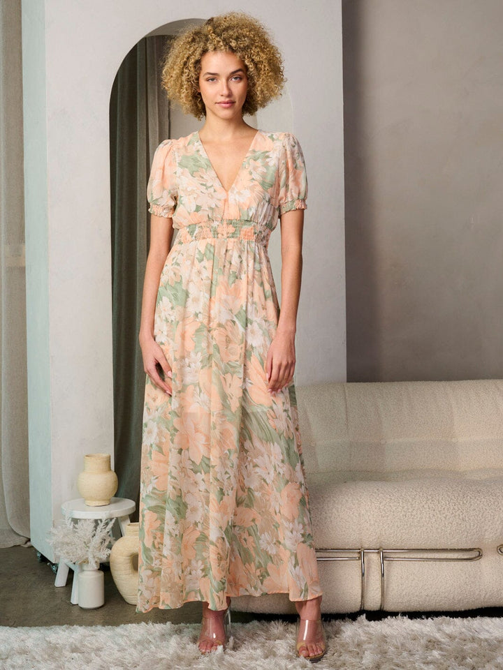 WOMEN'S SHORT PUFF SLEEVES V-NECK FLORAL MAXI DRESS