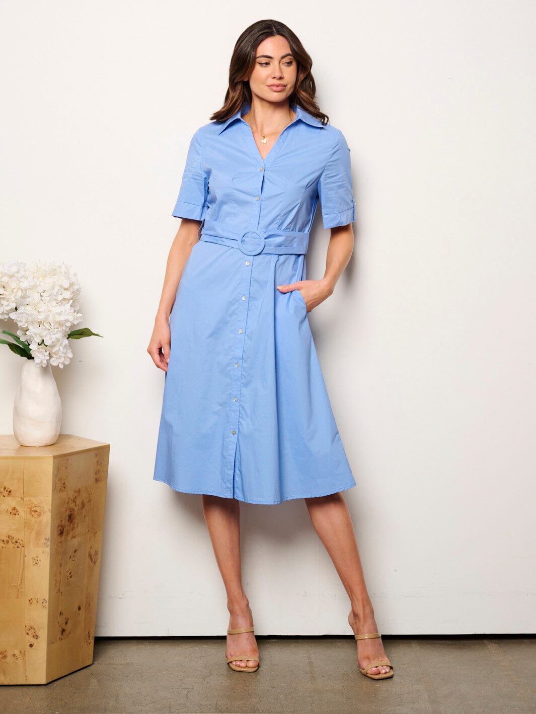 WOMEN'S SHORT SLEEVE BUTTON UP MIDI DRESS