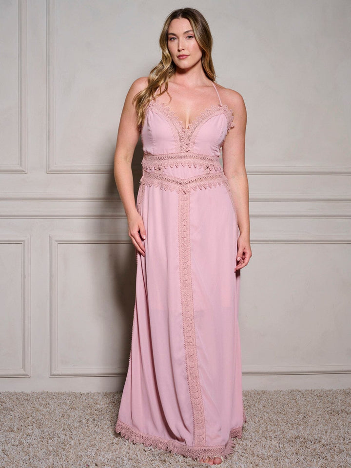 PLUS SIZE SLEEVELESS V-NECK TRIM DETAILED OPEN BACK MAXI DRESS