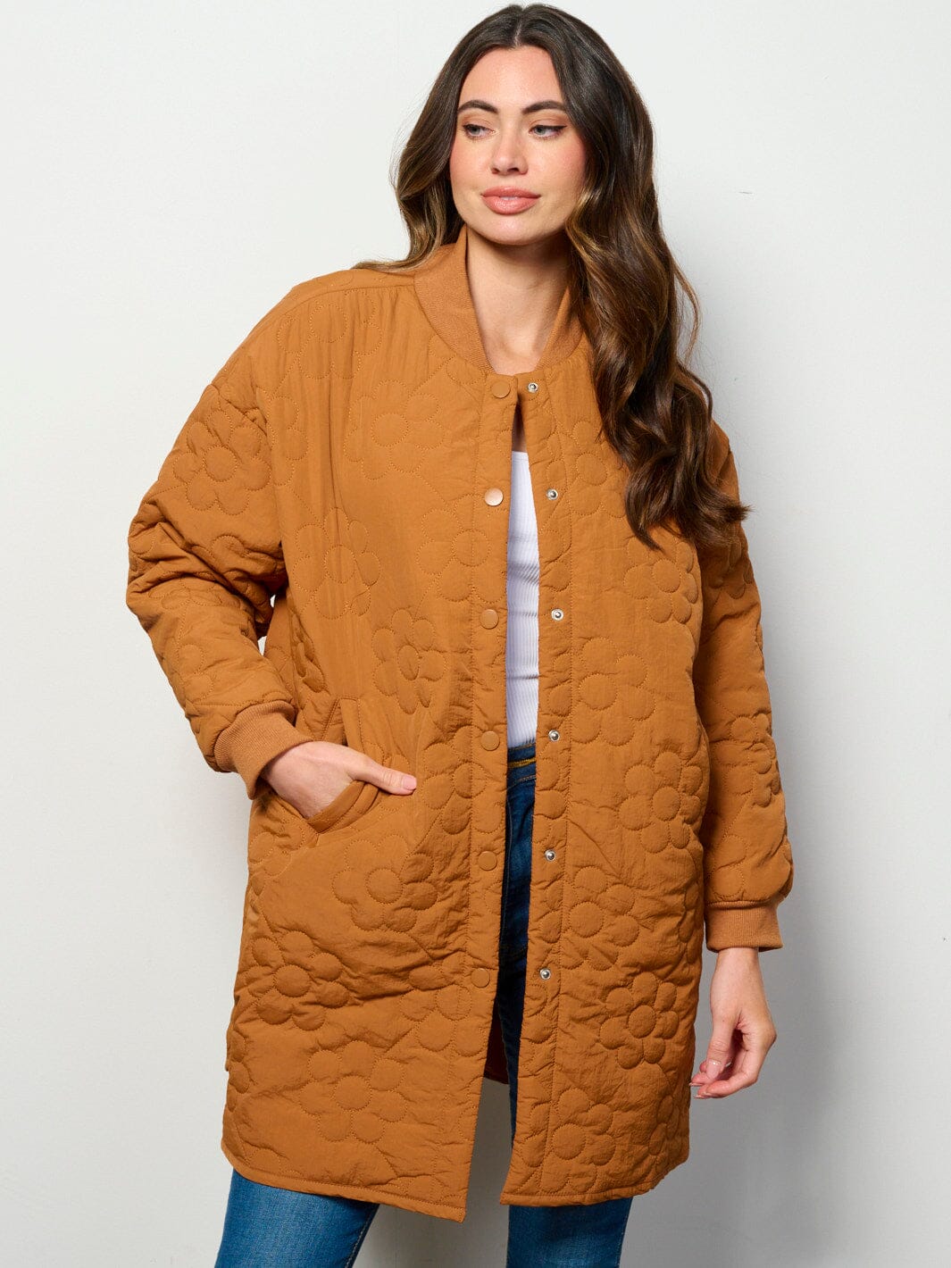 WOMEN'S LONG SLEEVE BUTTON UP FRONT POCKETS FLOWERS PADDED COAT