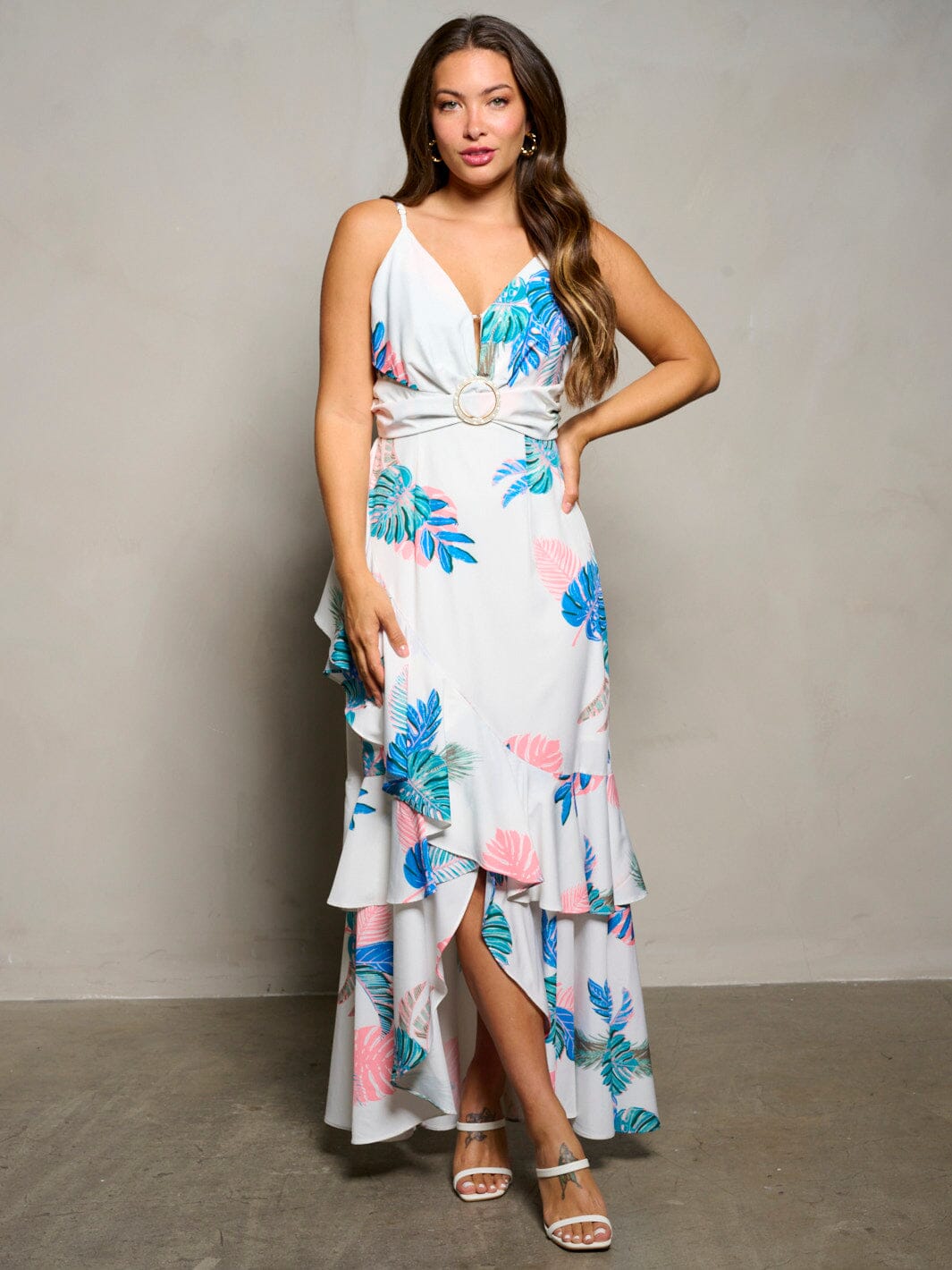 WOMEN'S SLEEVELESS V-NECK RUFFLE HIGH LOW LEAF PRINT MAXI DRESS