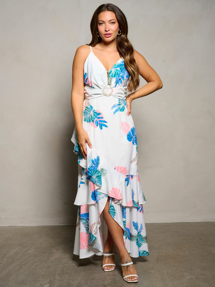 WOMEN'S SLEEVELESS V-NECK RUFFLE HIGH LOW LEAF PRINT MAXI DRESS