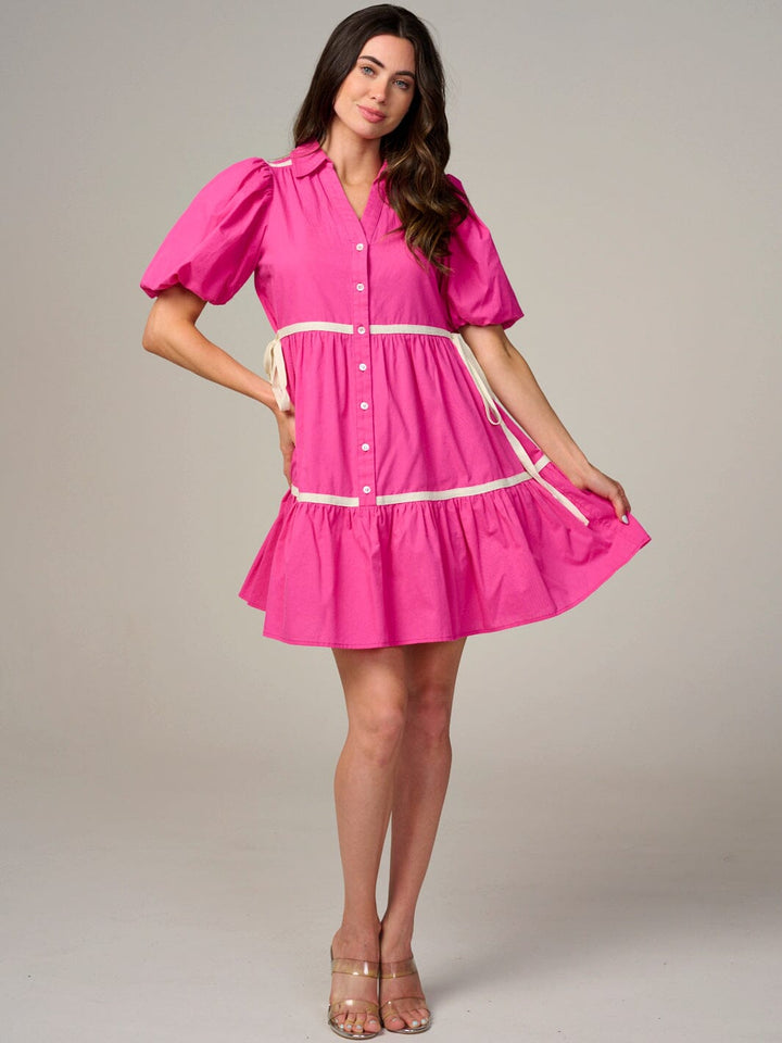 WOMEN'S SHORT PUFF SLEEVE BUTTON UP TIERED MINI DRESS