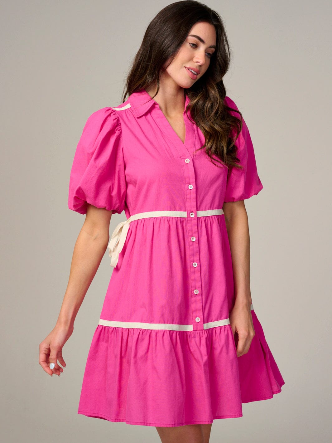 WOMEN'S SHORT PUFF SLEEVE BUTTON UP TIERED MINI DRESS