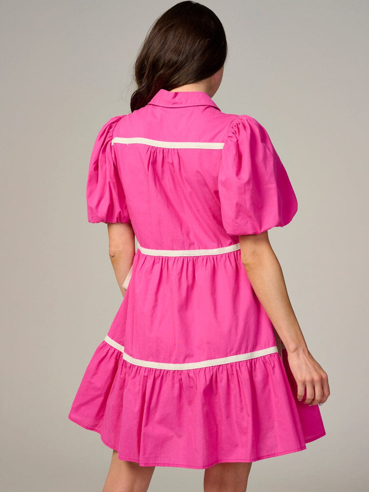 WOMEN'S SHORT PUFF SLEEVE BUTTON UP TIERED MINI DRESS