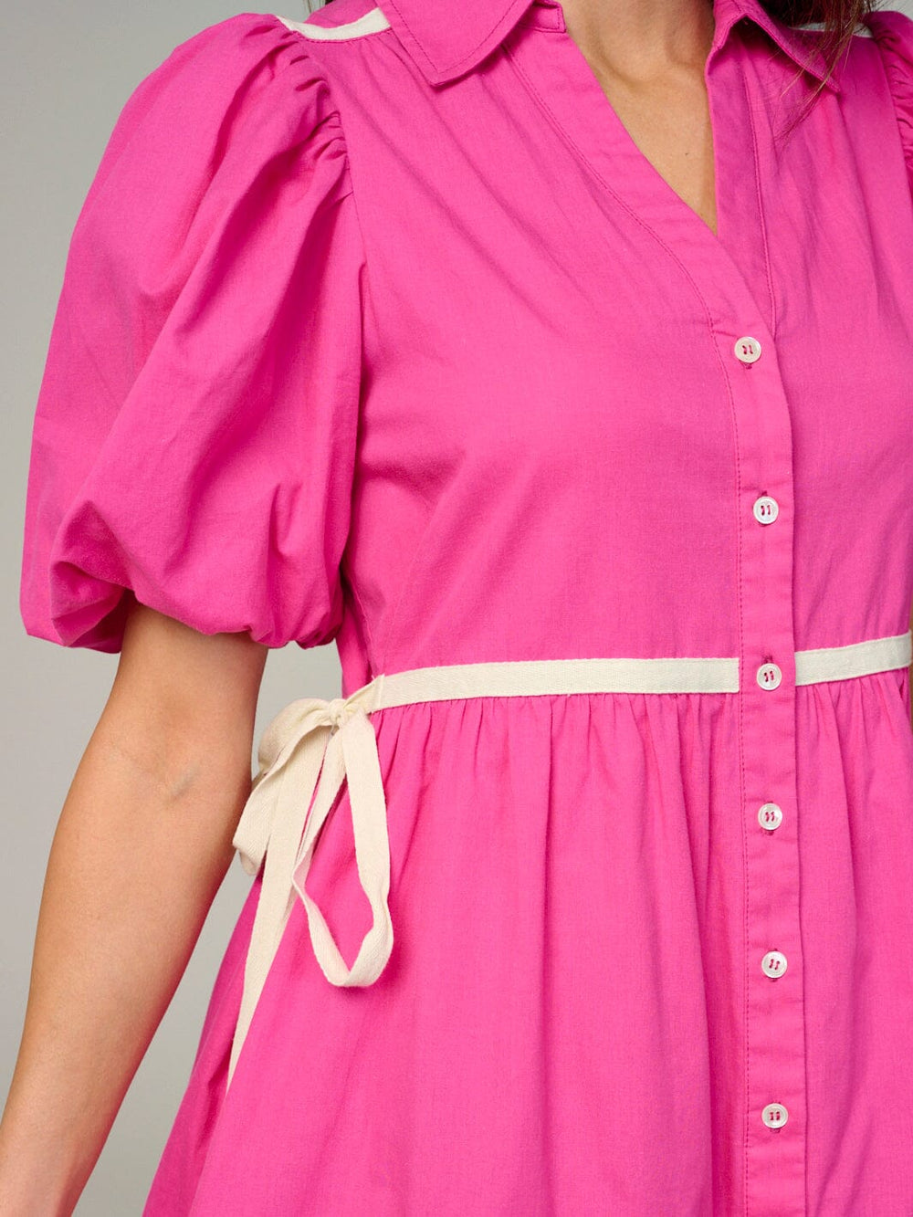 WOMEN'S SHORT PUFF SLEEVE BUTTON UP TIERED MINI DRESS