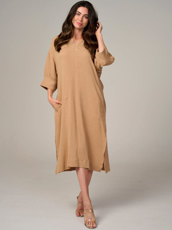 WOMEN'S 3/4 SLEEVE V-NECK FRONT POCKETS TUNIC MIDI DRESS