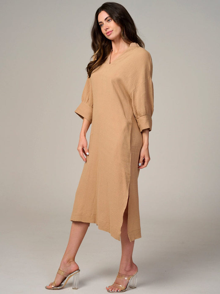 WOMEN'S 3/4 SLEEVE V-NECK FRONT POCKETS TUNIC MIDI DRESS