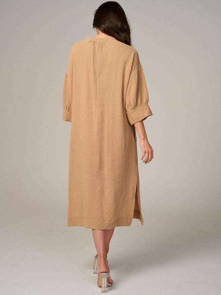 WOMEN'S 3/4 SLEEVE V-NECK FRONT POCKETS TUNIC MIDI DRESS