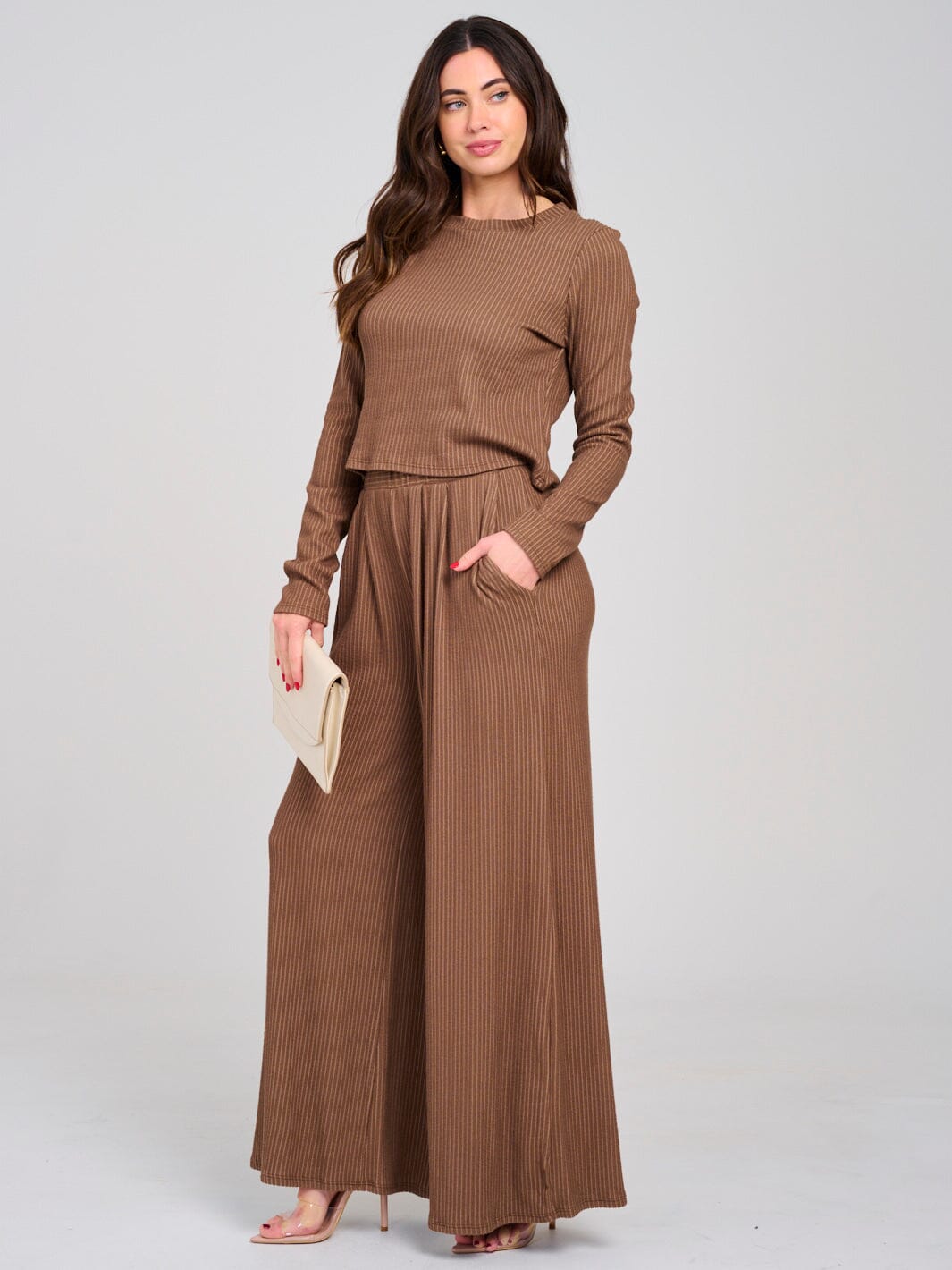 WOMEN'S LONG SLEEVE TOP & ELASTIC WAIST PANTS RIBBED 2PC. SET