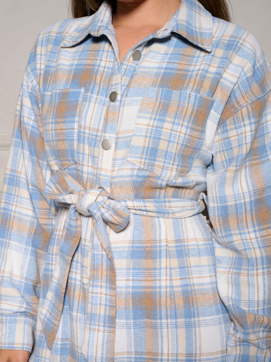 WOMEN'S LONG SLEEVE BUTTON UP SELF TIE PLAID MINI DRESS