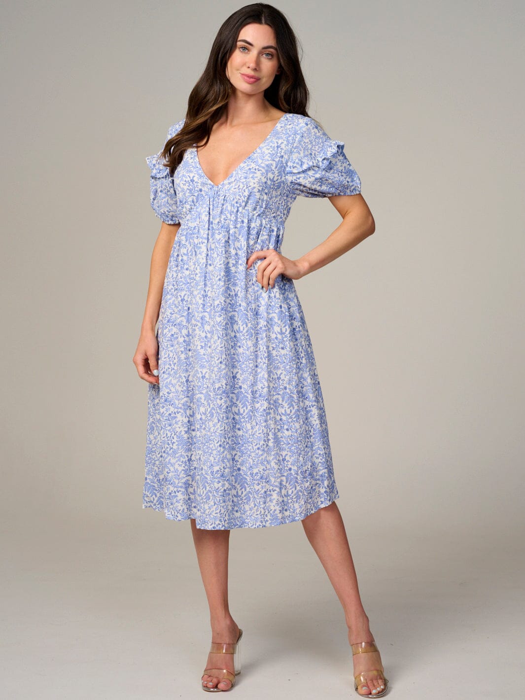 WOMEN'S SHORT SLEEVE V-NECK FLORAL MIDI DRESS