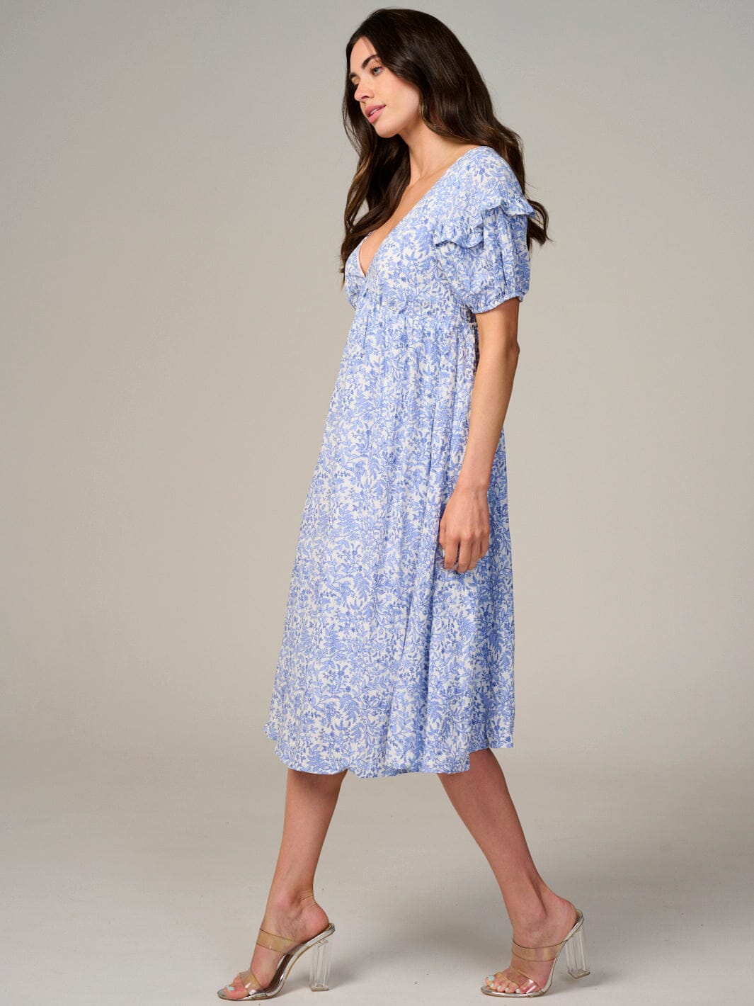 WOMEN'S SHORT SLEEVE V-NECK FLORAL MIDI DRESS