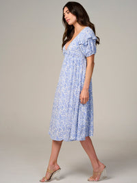 WOMEN'S SHORT SLEEVE V-NECK FLORAL MIDI DRESS