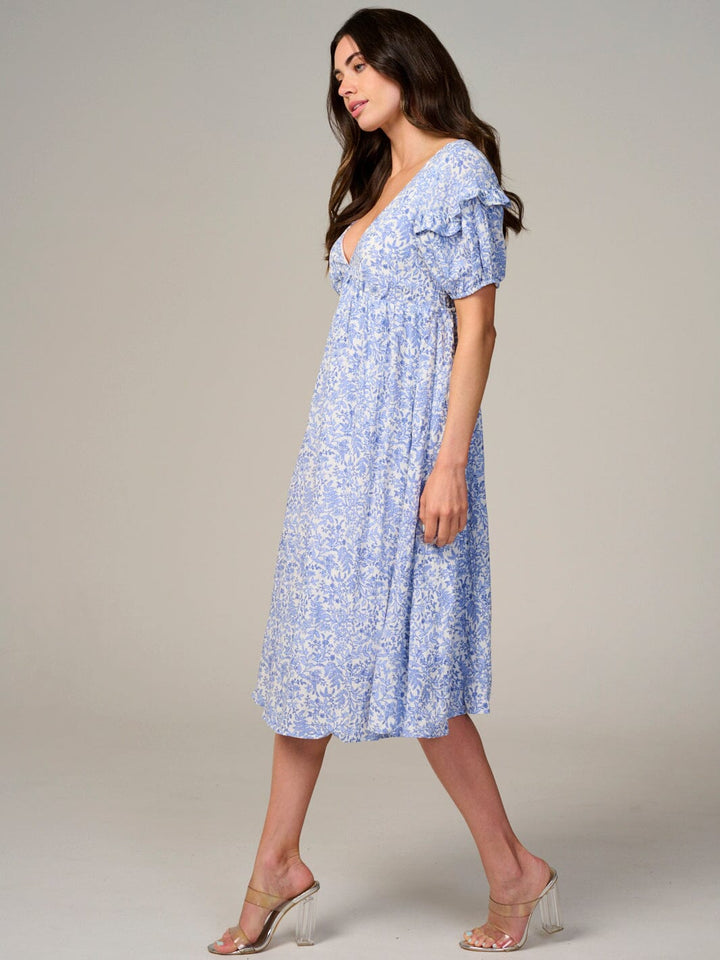 WOMEN'S SHORT SLEEVE V-NECK FLORAL MIDI DRESS