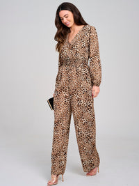 WOMEN'S LONG SLEEVE SURPLICE ELASTIC WAIST POCKETS WIDE LEG ANIMAL PRINT JUMPSUIT