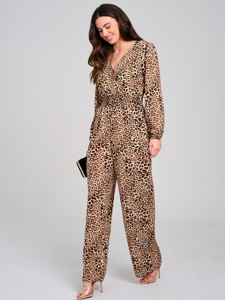 WOMEN'S LONG SLEEVE SURPLICE ELASTIC WAIST POCKETS WIDE LEG ANIMAL PRINT JUMPSUIT