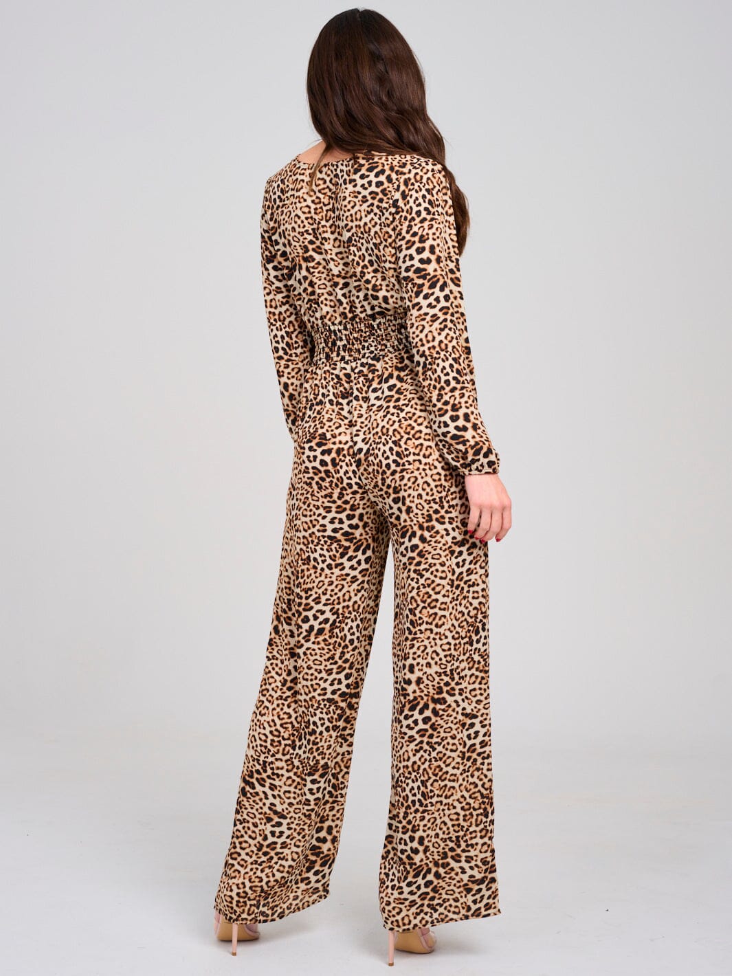 WOMEN'S LONG SLEEVE SURPLICE ELASTIC WAIST POCKETS WIDE LEG ANIMAL PRINT JUMPSUIT