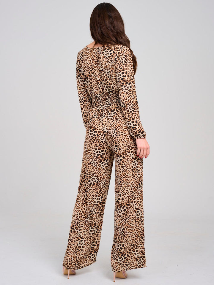 WOMEN'S LONG SLEEVE SURPLICE ELASTIC WAIST POCKETS WIDE LEG ANIMAL PRINT JUMPSUIT