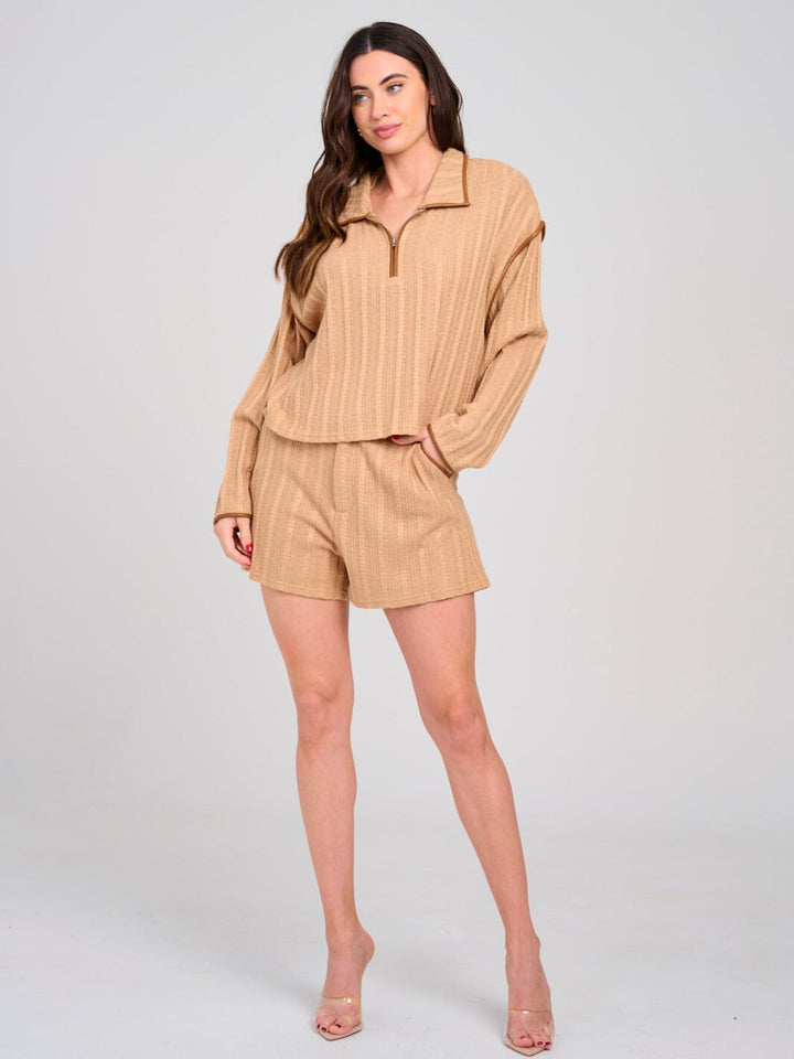 WOMEN'S LONG SLEEVE TOP & BUTTON CLOSURE SHORTS PU KNIT CONTRAST 2PC. SET