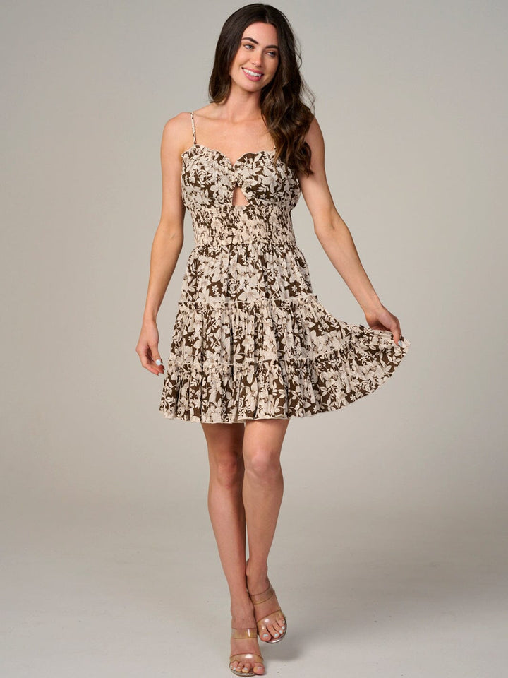 WOMEN'S SLEEVELESS SMOCK WAIST CUT OUT FLORAL MINI DRESS