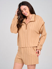 WOMEN'S LONG SLEEVE TOP & BUTTON CLOSURE SHORTS PU KNIT CONTRAST 2PC. SET
