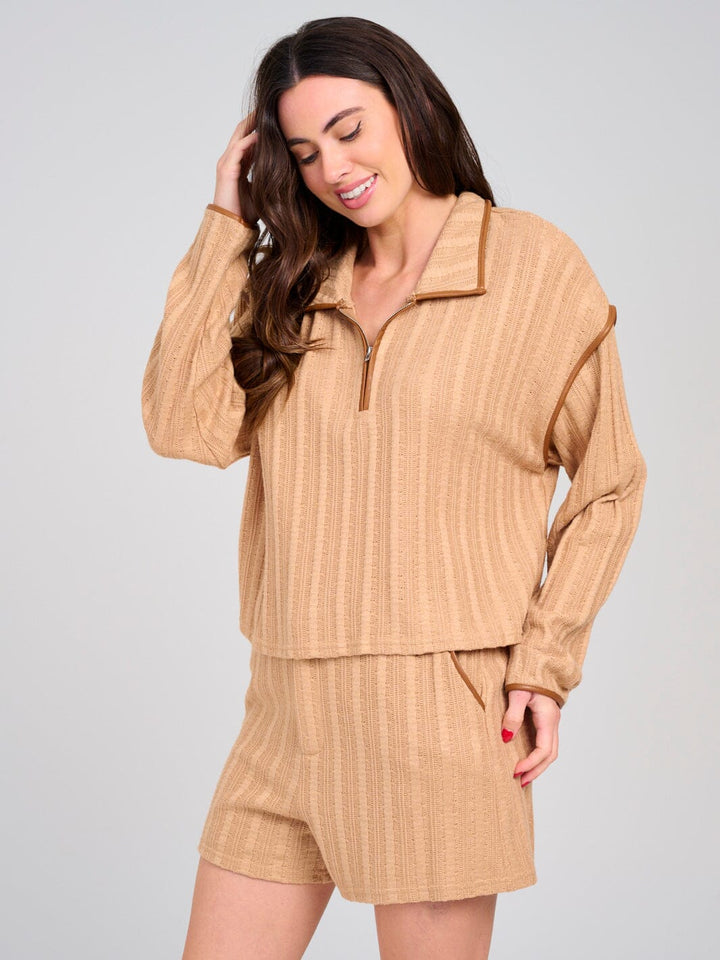 WOMEN'S LONG SLEEVE TOP & BUTTON CLOSURE SHORTS PU KNIT CONTRAST 2PC. SET