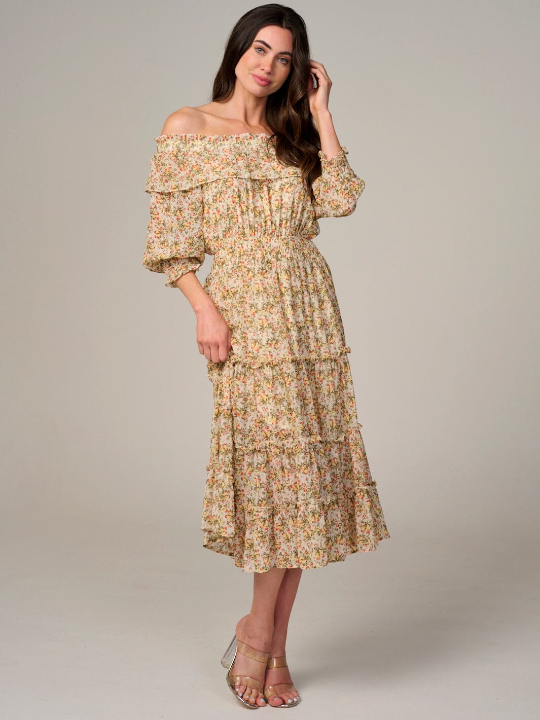 WOMEN'S LONG SLEEVE OFF SHOULDER SMOCK WAIST FLORAL MAXI DRESS