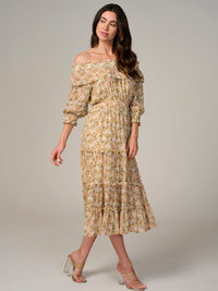 WOMEN'S LONG SLEEVE OFF SHOULDER SMOCK WAIST FLORAL MAXI DRESS