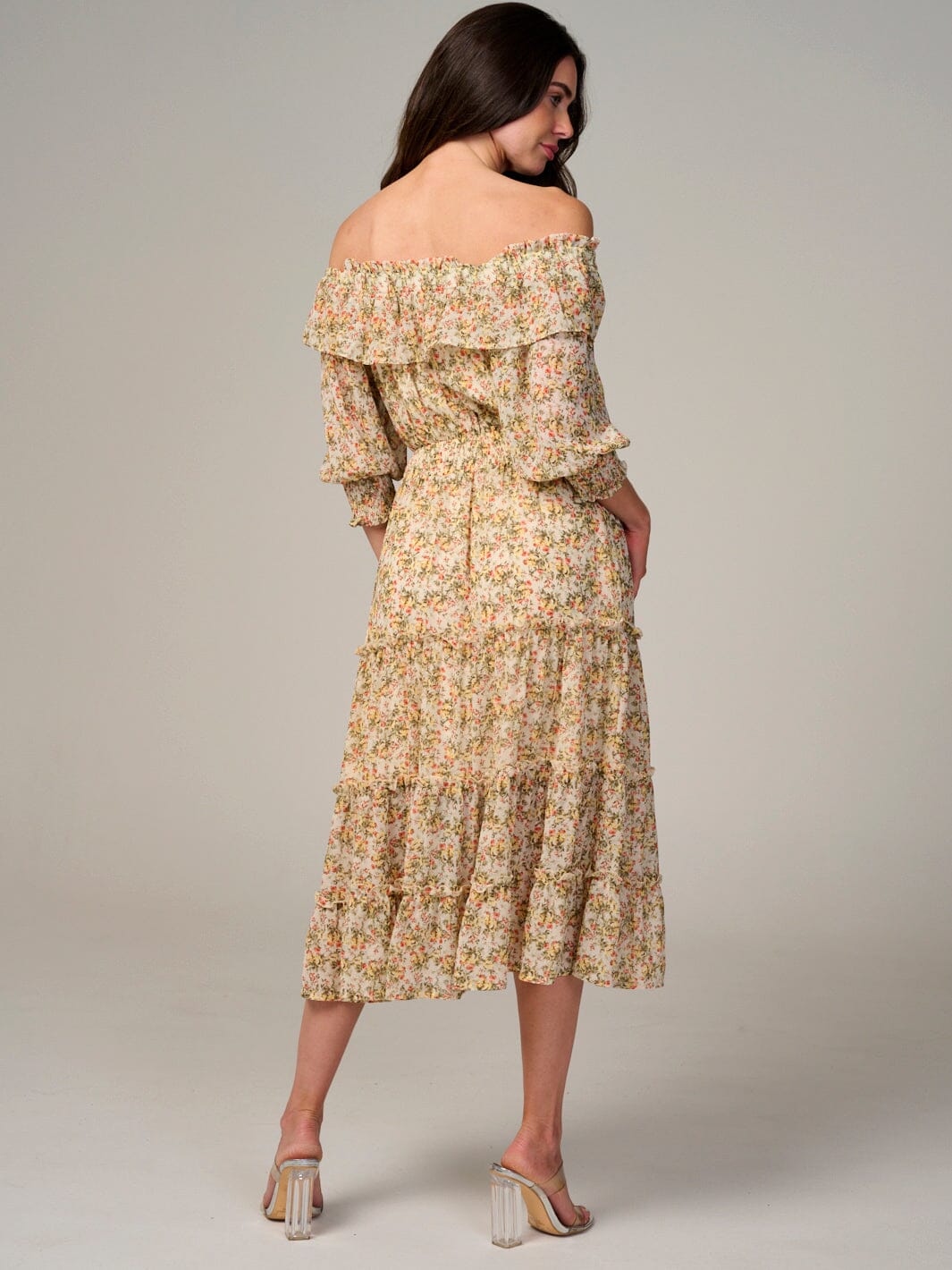 WOMEN'S LONG SLEEVE OFF SHOULDER SMOCK WAIST FLORAL MAXI DRESS