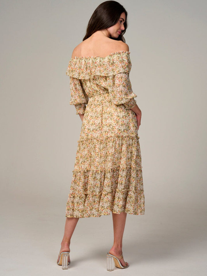 WOMEN'S LONG SLEEVE OFF SHOULDER SMOCK WAIST FLORAL MAXI DRESS