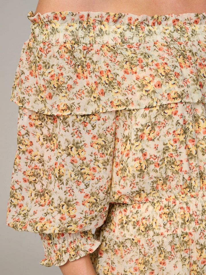 WOMEN'S LONG SLEEVE OFF SHOULDER SMOCK WAIST FLORAL MAXI DRESS