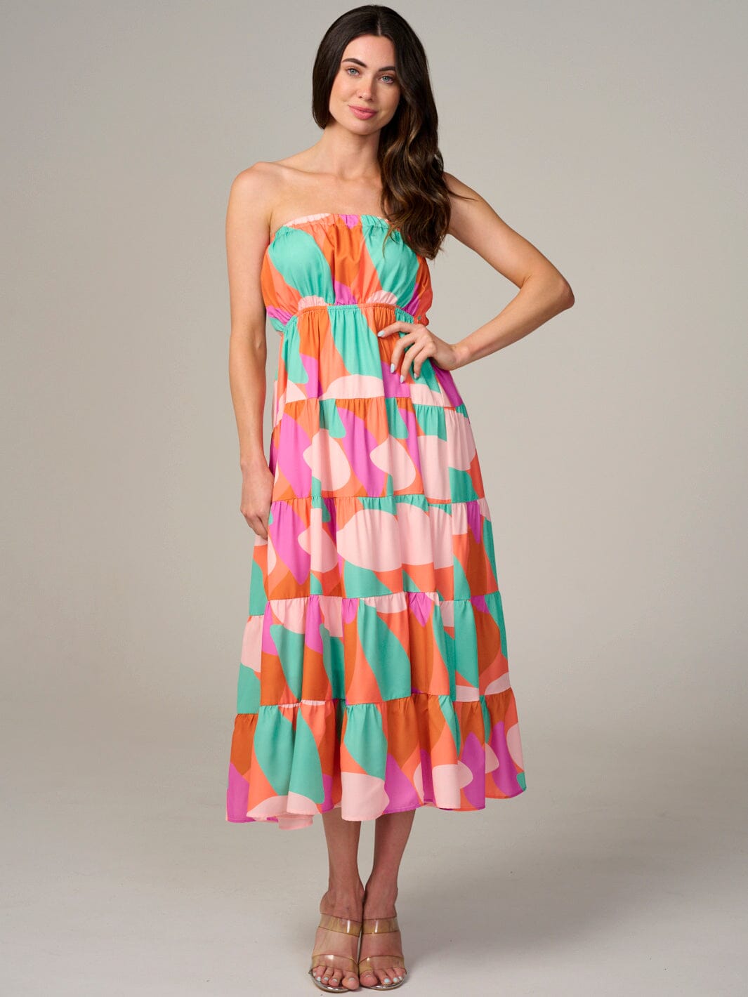 WOMEN'S SLEEVELESS SMOCK TIERED MULTI PRINT MAXI DRESS