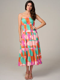 WOMEN'S SLEEVELESS SMOCK TIERED MULTI PRINT MAXI DRESS