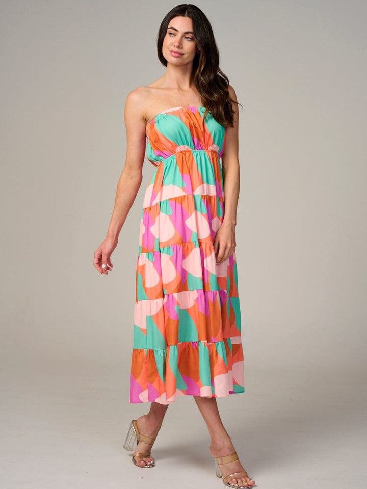 WOMEN'S SLEEVELESS SMOCK TIERED MULTI PRINT MAXI DRESS