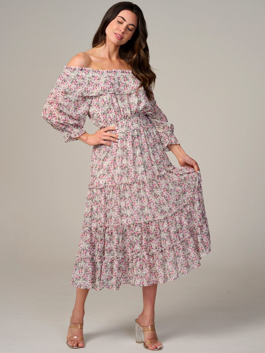 WOMEN'S LONG SLEEVE OFF SHOULDER SMOCK WAIST FLORAL MAXI DRESS