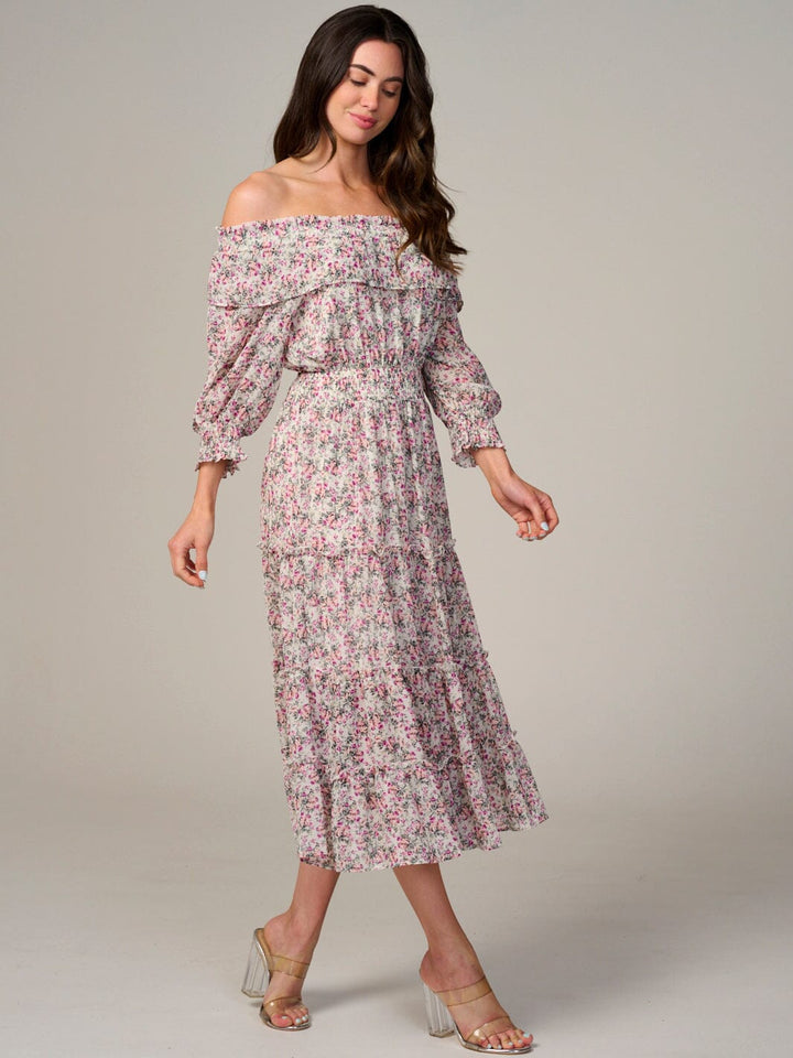 WOMEN'S LONG SLEEVE OFF SHOULDER SMOCK WAIST FLORAL MAXI DRESS