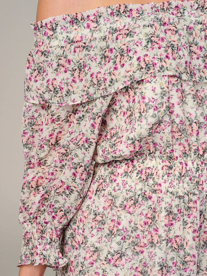 WOMEN'S LONG SLEEVE OFF SHOULDER SMOCK WAIST FLORAL MAXI DRESS