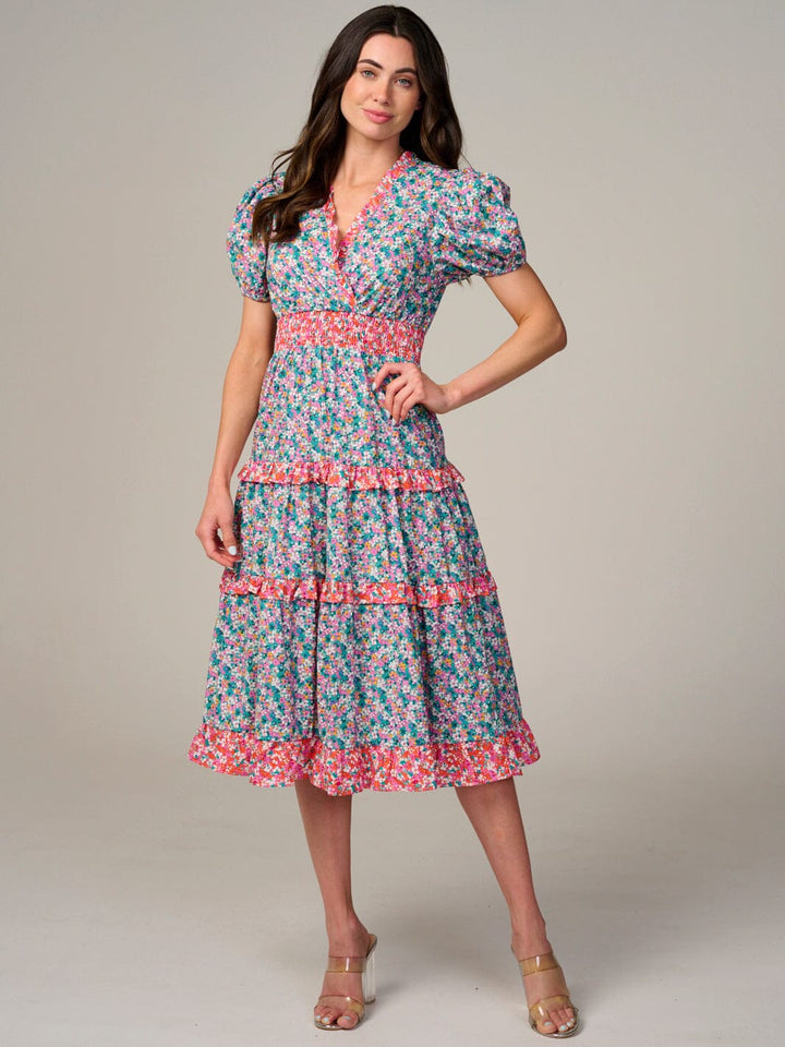 WOMEN'S SHORT SLEEVE SURPLICE SMOCK WAIST TIERED FLORAL MIDI DRESS