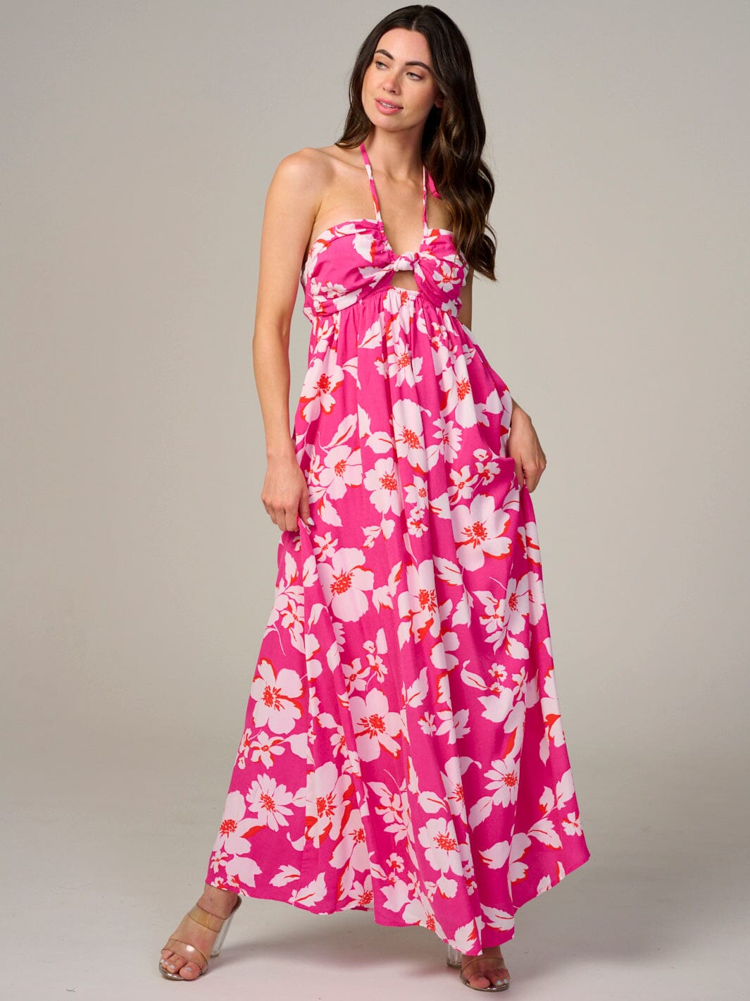 WOMEN'S SLEEVELESS HALTER NECK CUT OUT FLORAL MAXI DRESS
