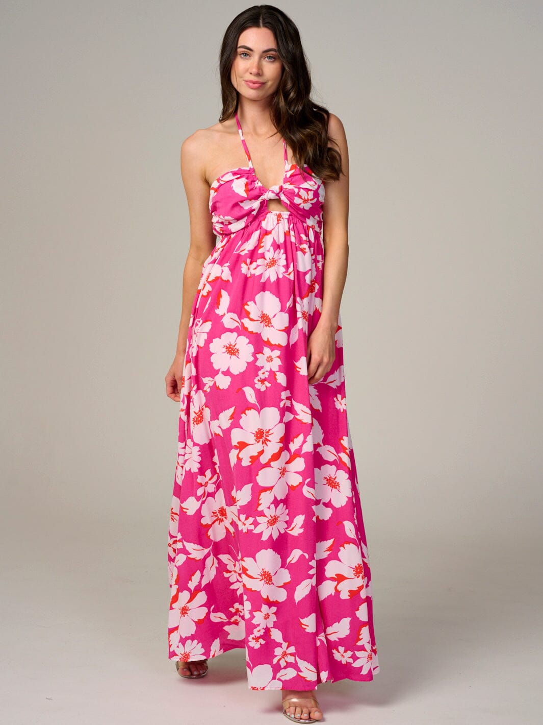 WOMEN'S SLEEVELESS HALTER NECK CUT OUT FLORAL MAXI DRESS